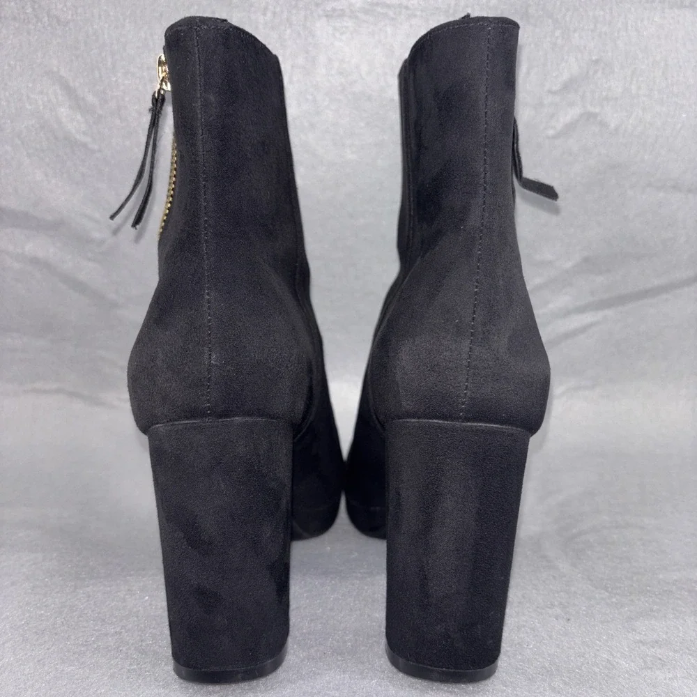 H&M Black Suede Platform High Heel Ankle‎ Boots Womens 6 Gold Tone Side Zip EUC
